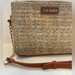 Steve Madden Crossbody Straw Purse With Brown Leather Straps And Gold Accents